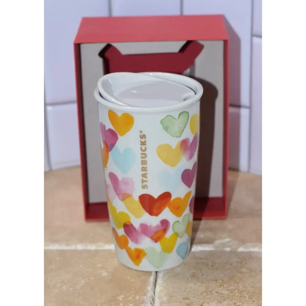 Starbucks Watercolor Hearts DOT 10 oz Ceramic Travel Tumbler Coffee Mug 2015 NWT